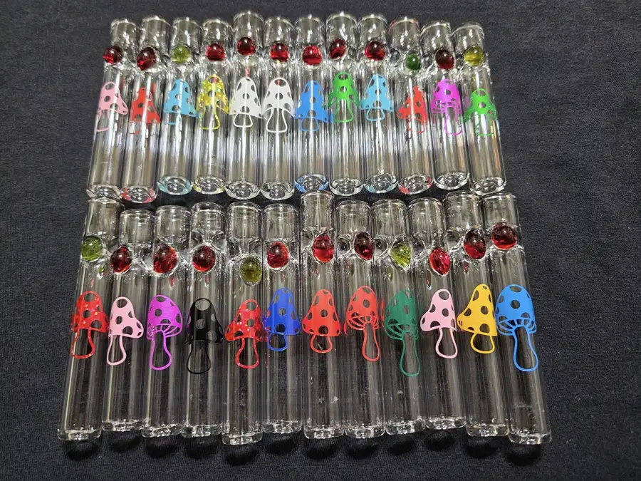 Clear glass with colorful mushroom accents